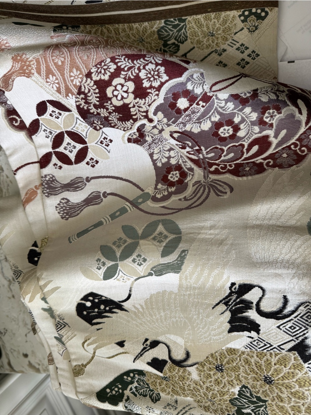 Japanese Crane Jacquard Brocade Fabric 14” x 12 Ft Asian Floral Woven Textile